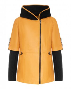 Kurtka skórzana damska w intensywnym żółtym kolorze z czarnym kapturem i krótkimi rękawami