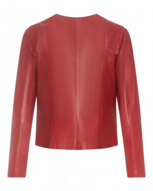 Czerwona kurtka skórzana damska o prostym kroju z długimi rękawami i okrągłym dekoltem