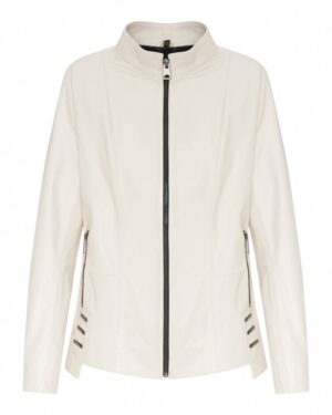 Kurtka skórzana damska w kolorze białym z wysokim kołnierzem i asymetrycznymi suwakiem na bokach