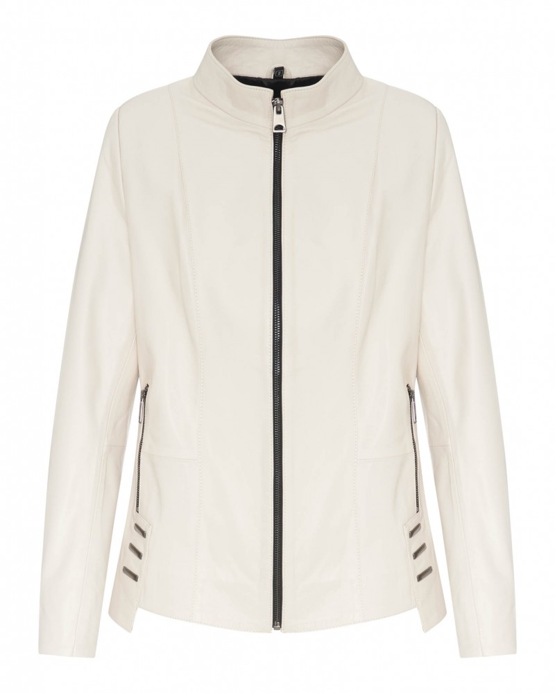 Kurtka skórzana damska w kolorze białym z wysokim kołnierzem i asymetrycznymi suwakiem na bokach