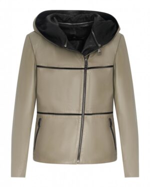 Kurtka skórzana damska w kolorze beżowym z czarnym, odpinanym kapturem i zapięciem na zamek błyskawiczny