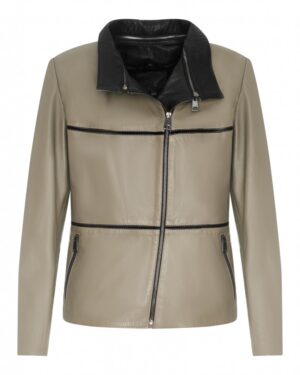 Kurtka skórzana damska w odcieniu beżowym z czarnym kołnierzem, z zamkiem i kieszeniami na suwak