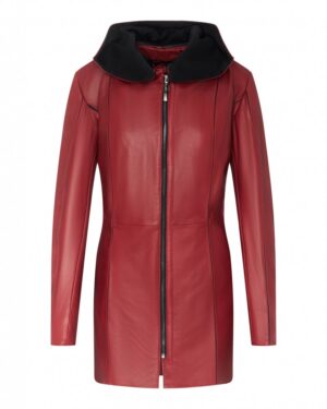 Kurtka skórzana damska w intensywnym czerwonym kolorze z kapturem i zamek błyskawiczny z przodu