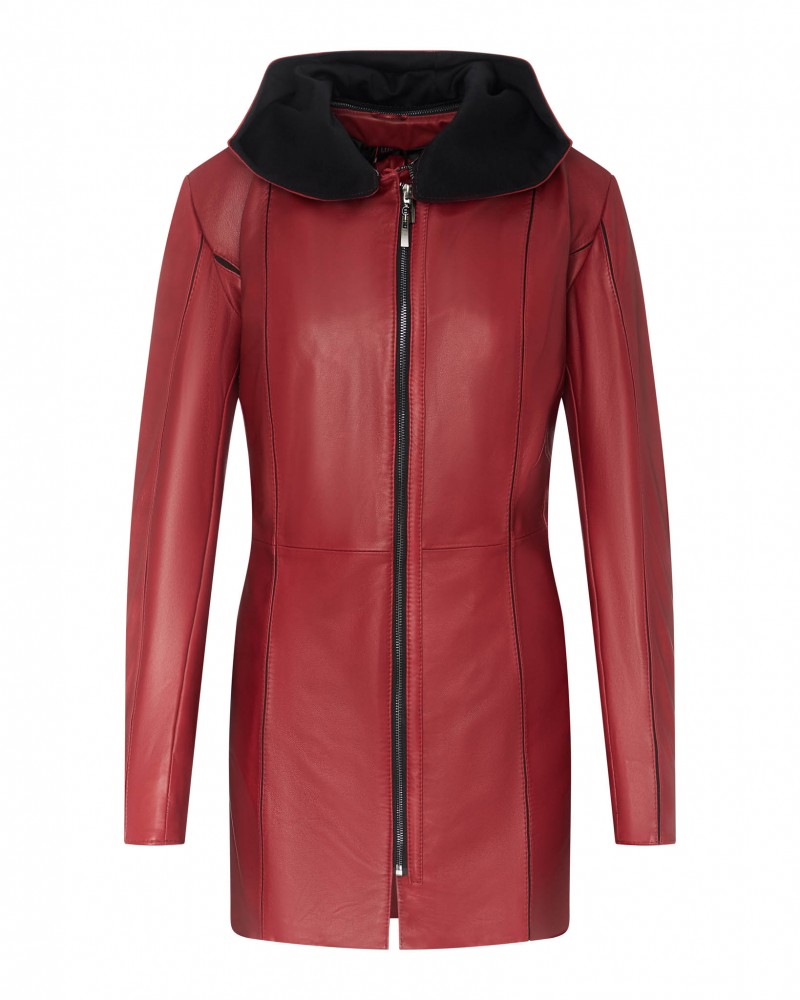 Kurtka skórzana damska w intensywnym czerwonym kolorze z kapturem i zamek błyskawiczny z przodu