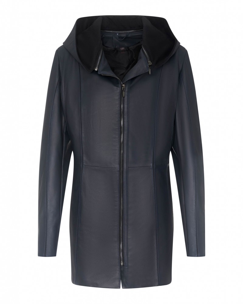 Kurtka skórzana damska w kolorze granatowym z kapturem, zapinana na zamek, o prostym kroju