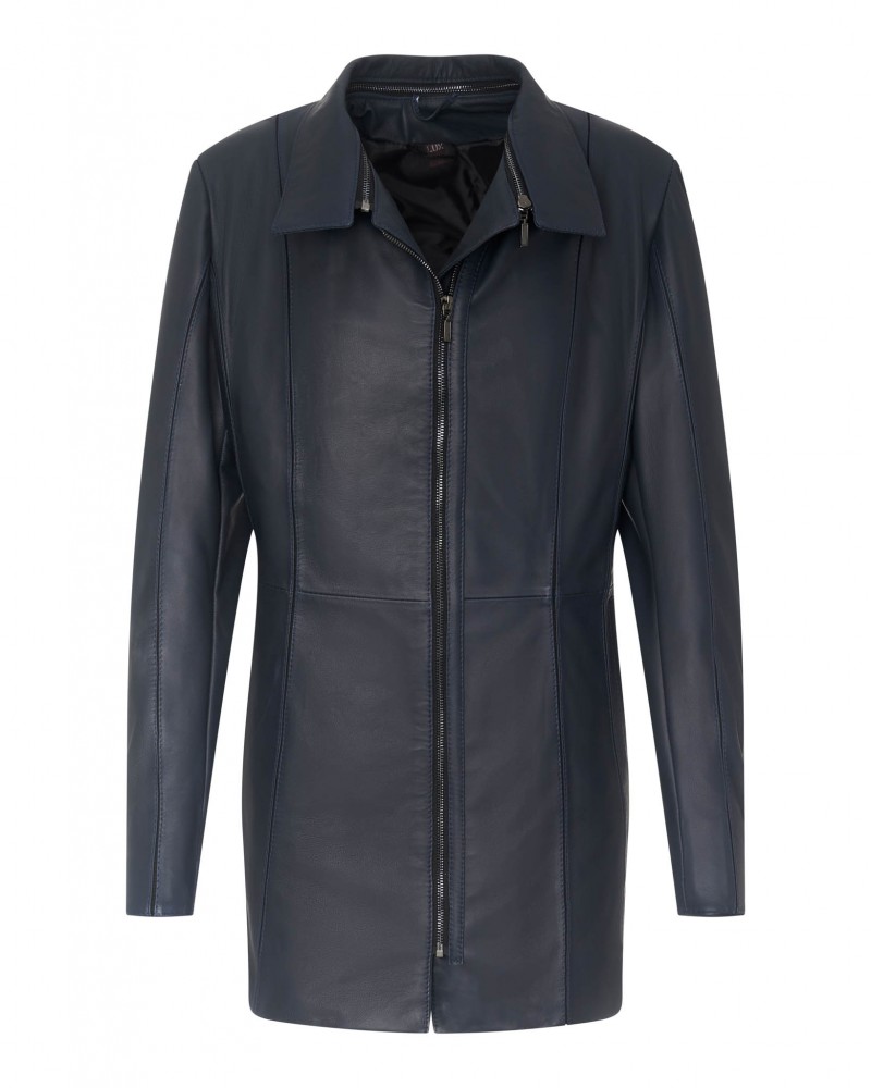 Kurtka skórzana damska w ciemnoniebieskim kolorze, z długim rękawem i zamkiem błyskawicznym z przodu