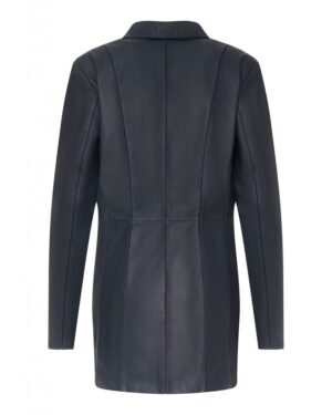 Kurtka skórzana damska w kolorze granatowym, z długimi rękawami i eleganckim kołnierzem