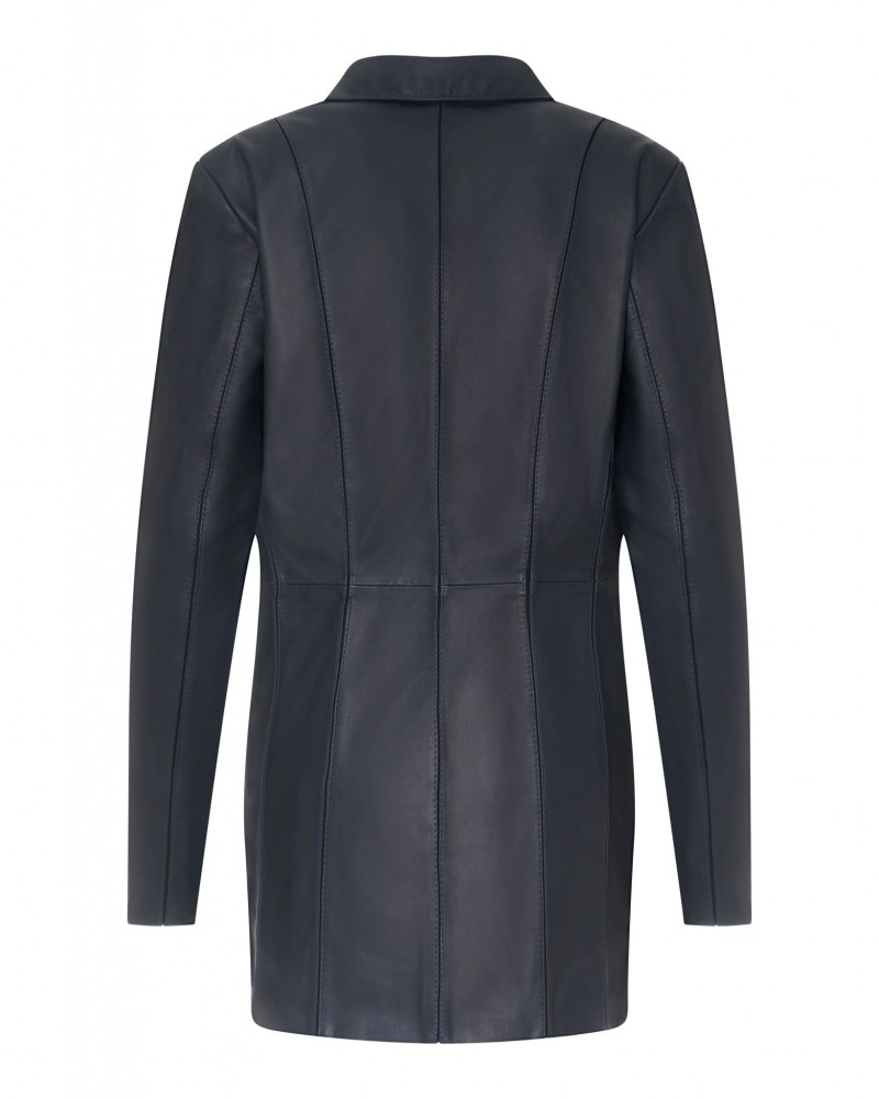 Kurtka skórzana damska w kolorze granatowym, z długimi rękawami i eleganckim kołnierzem