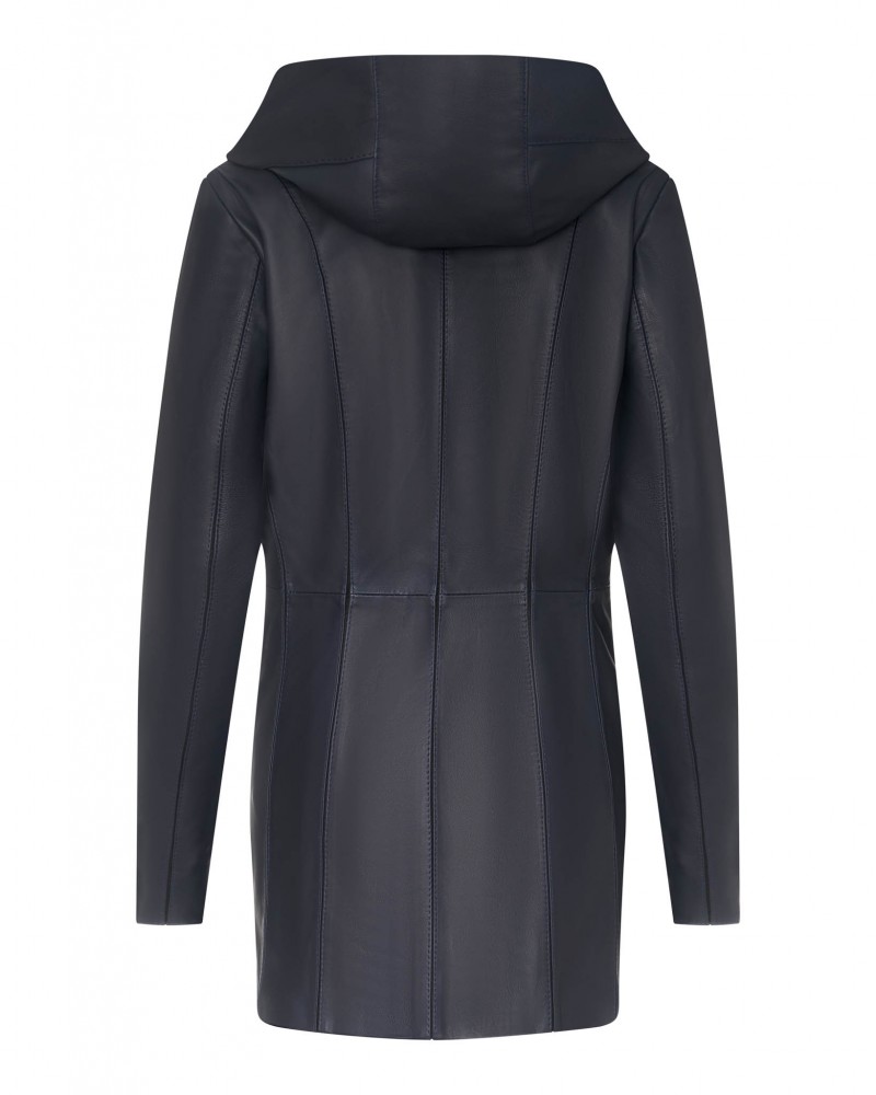 Kurtka skórzana damska w kolorze granatowym z kapturem i dopasowanym krojem, idealna na zimowe dni