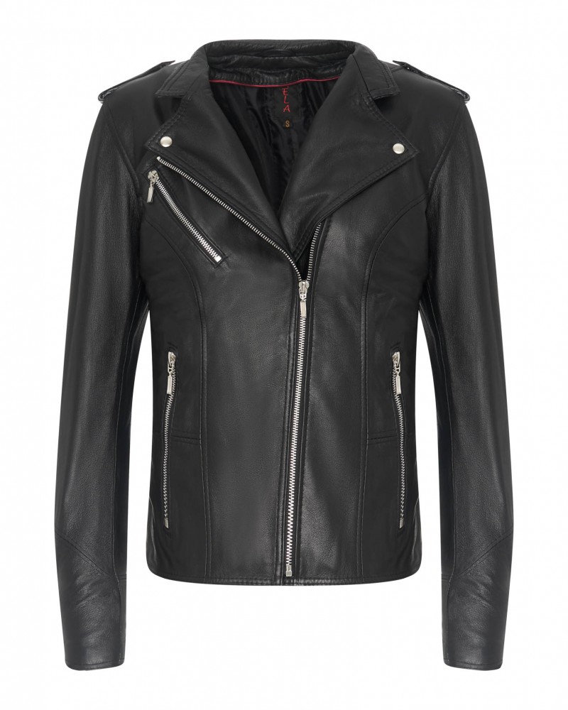 Kurtka skórzana damska w kolorze czarnym, z asymetrycznym zapięciem i kieszeniami na zamek