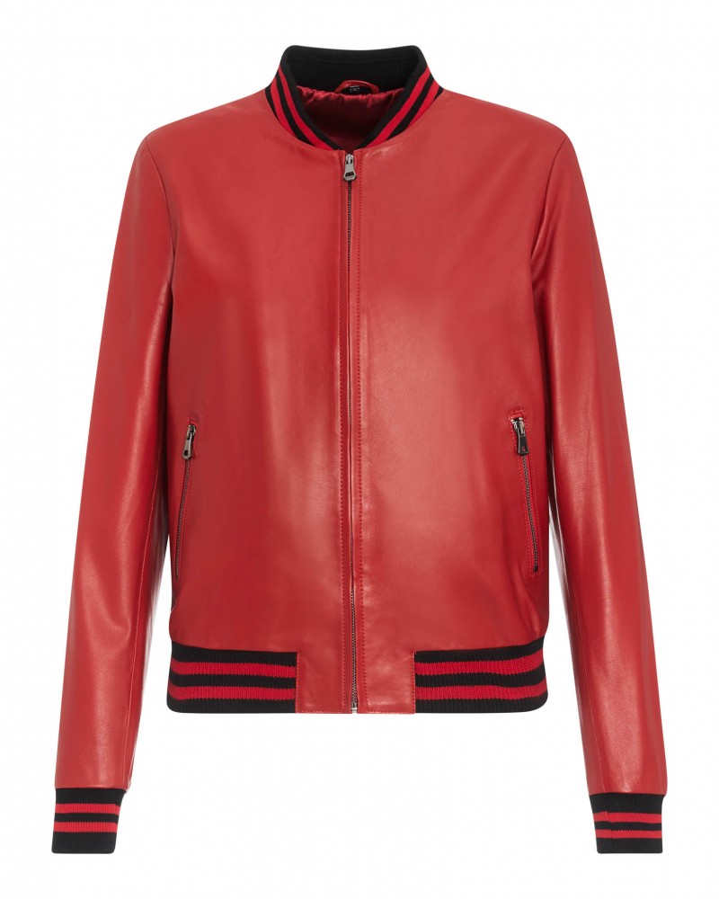 kurtka skórzana damska w intensywnym czerwonym kolorze z kontrastowym ściągaczem i zamkiem błyskawicznym