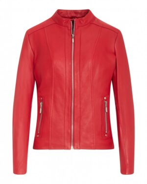 Kurtka skórzana damska w intensywnym czerwonym kolorze z zamkiem i kieszeniami na suwak