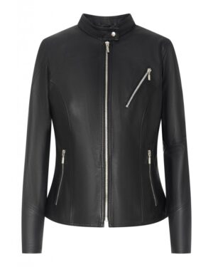 Kurtka skórzana damska w kolorze czarnym, z klasycznym kołnierzem i asymetrycznym zamkiem błyskawicznym