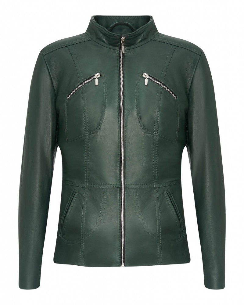 Kurtka skórzana damska w ciemnozielonym kolorze z zamkiem i kieszeniami na piersi oraz bocznymi kieszeniami