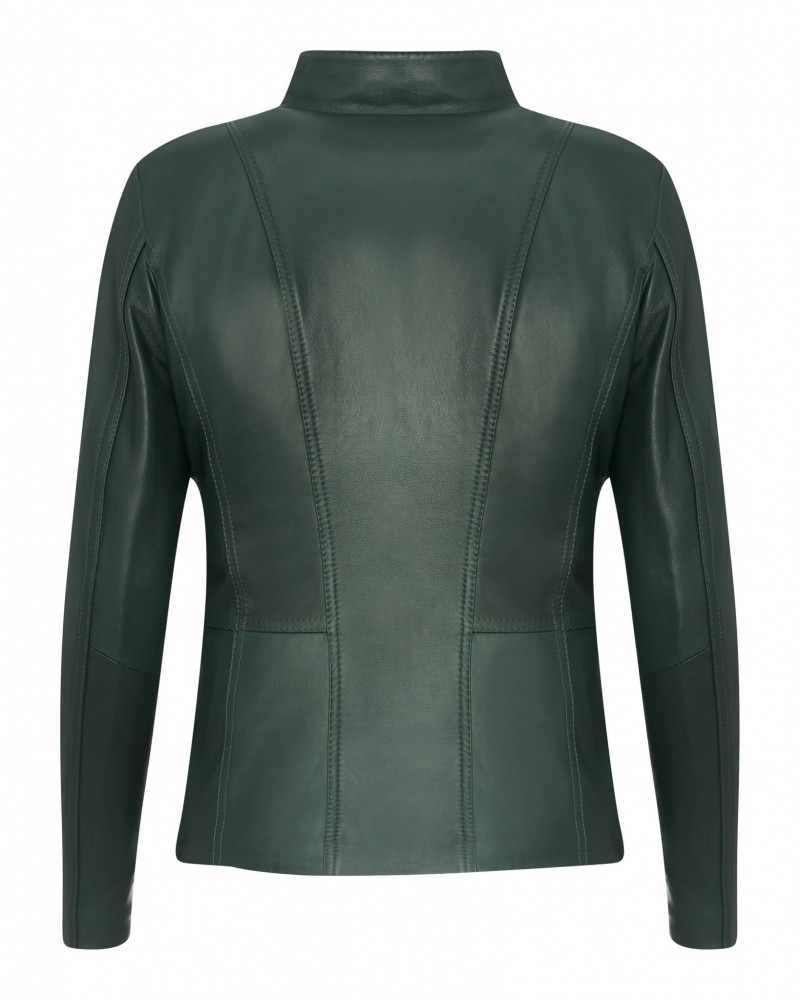 Kurtka skórzana damska w ciemnozielonym kolorze z eleganckim kołnierzem i dopasowanym krojem