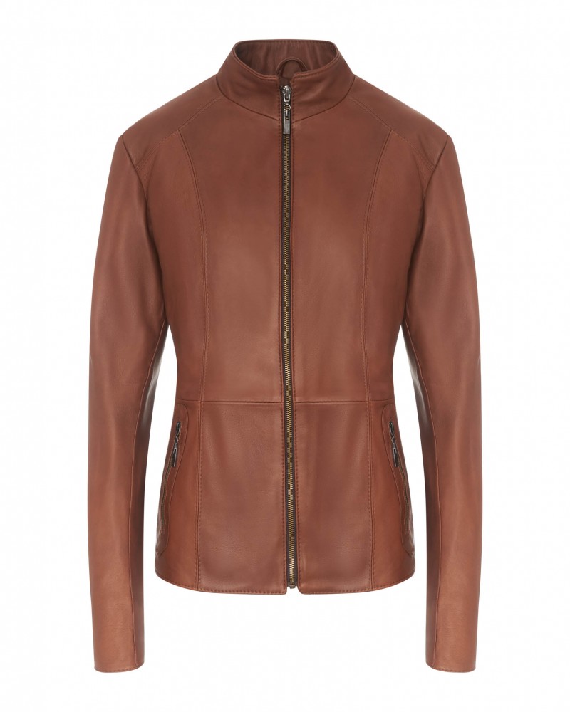 Kurtka skórzana damska w kolorze brązowym, z wysokim kołnierzem i zamkiem błyskawicznym z przodu