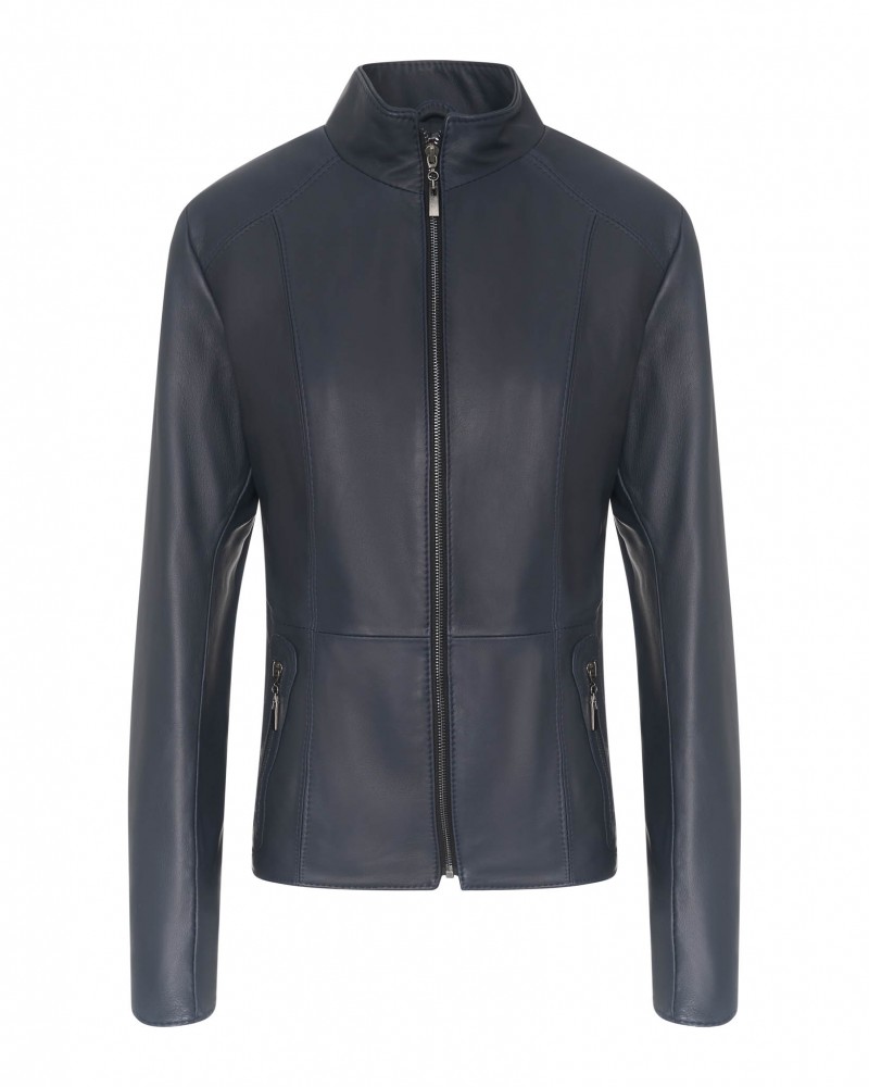 Kurtka skórzana męska w ciemnoniebieskim kolorze z wysokim kołnierzem i dwoma bocznymi kieszeniami