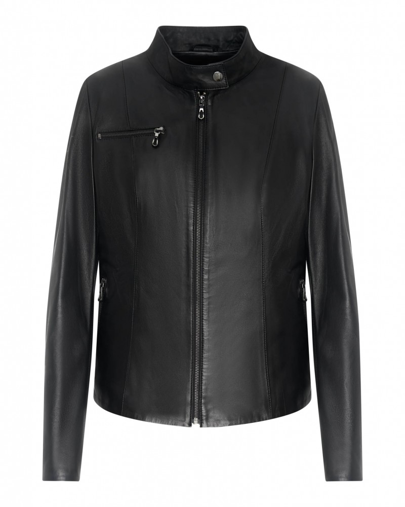 Kurtka skórzana damska w kolorze czarnym, z wysokim kołnierzem i zamkiem błyskawicznym z boku