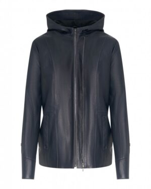 kurtka skórzana damska w kolorze granatowym z kapturem i kieszeniami po bokach
