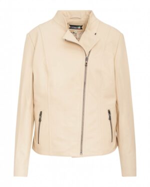 Kurtka skórzana damska w jasnym beżowym kolorze z wysokim kołnierzem i zamkiem błyskawicznym z boku