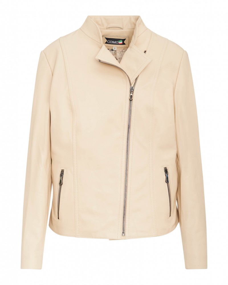 Kurtka skórzana damska w jasnym beżowym kolorze z wysokim kołnierzem i zamkiem błyskawicznym z boku