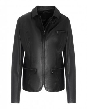 Kurtka skórzana damska w kolorze czarnym, z zapięciem na suwak i kieszeniami na zamek