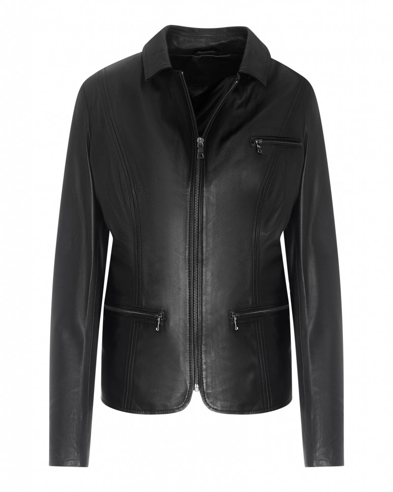 Kurtka skórzana damska w kolorze czarnym, z zapięciem na suwak i kieszeniami na zamek