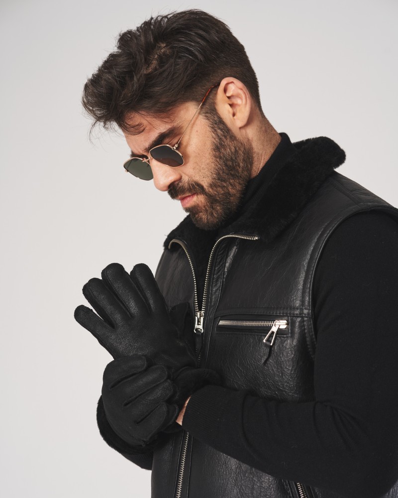 Rękawiczki skórzane męskie czarne z eleganckim przeszyciem i klasyczną formą