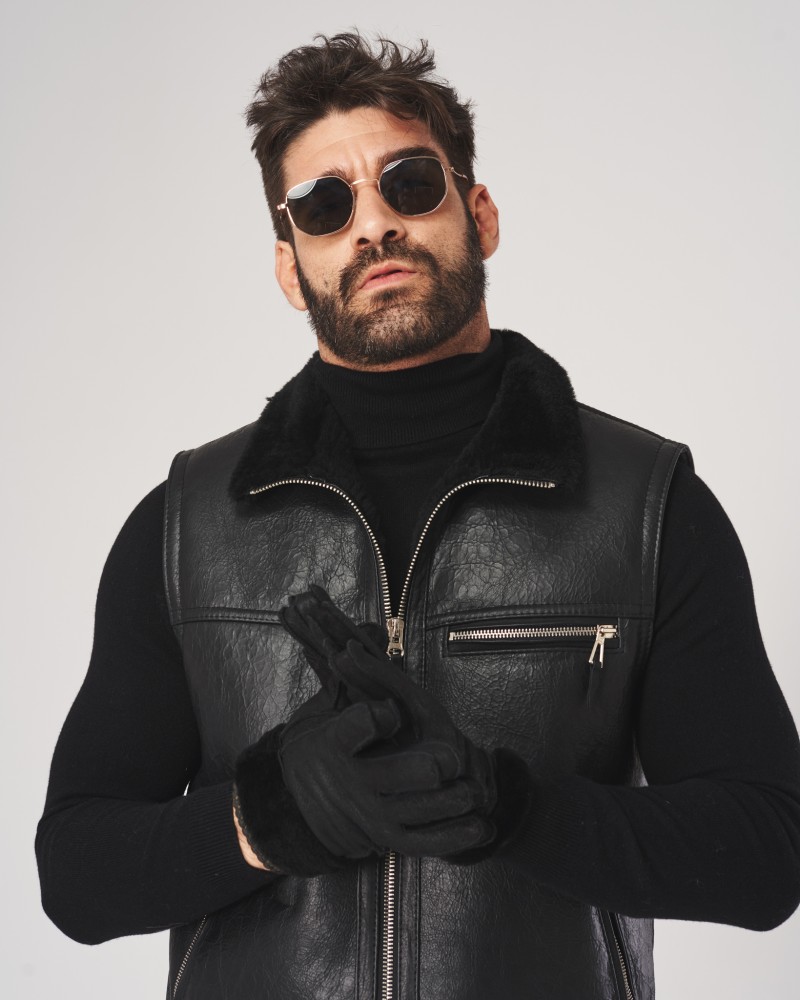 Męskie rękawiczki skórzane w kolorze czarnym z grubą ciepłą podszewką i szwem wzdłuż palców