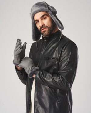 Męskie rękawiczki skórzane siwe z mankietem i prostym wykończeniem