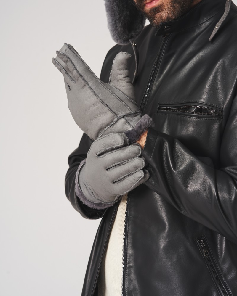 Rękawiczki skórzane męskie w kolorze siwym z delikatnym połyskiem i dopasowanym fasonem