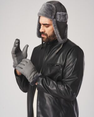 Siwe rękawiczki skórzane męskie z ozdobnym przeszyciem i miękkim wnętrzem