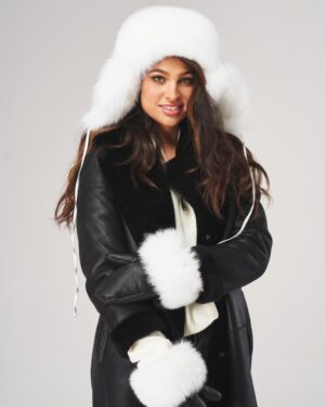 Rękawiczki skórzane damskie czarne z zaokrąglonym mankietem i miękką skórą z dodatkowym białym futrem