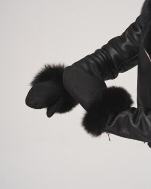 Damskie rękawiczki skórzane czarne z prostym fasonem i dekoracyjnym futerkiem