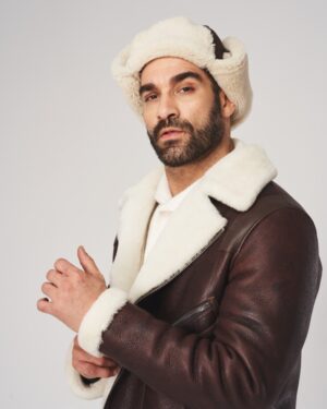 Ciemnobrązowa uszatka skórzana z klapką na czoło i miękkimi nausznikami