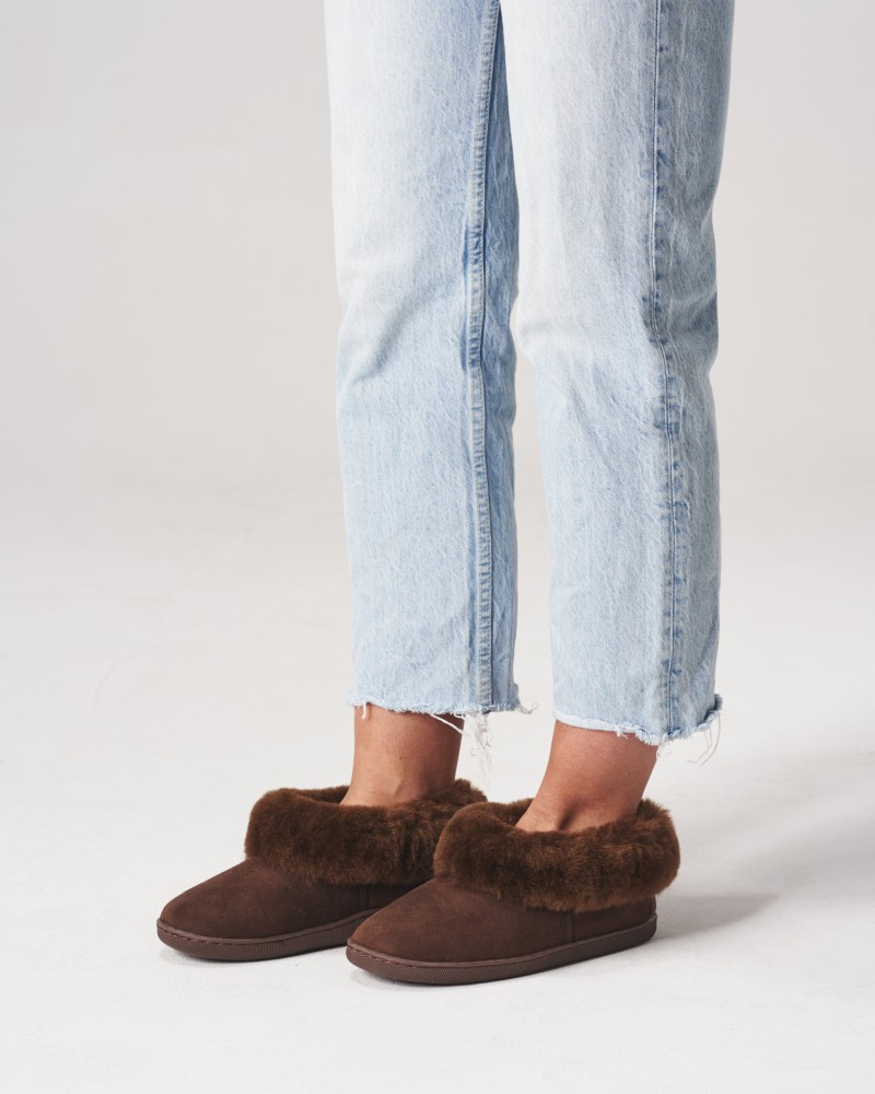 brązowe kapcie z futrzanym kołnierzem, idealne na zimowe wieczory