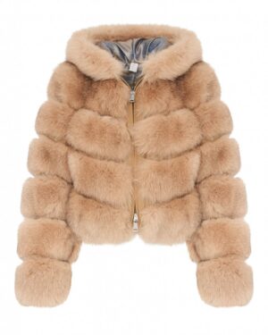 Futro naturalne w jasnym odcieniu beżu z kapturem i eleganckim zapięciem na zamek