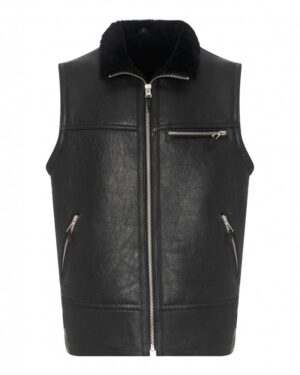 Kamizelka skórzana męska w kolorze czarnym z futrzanym kołnierzem i metalowym zamkiem błyskawicznym