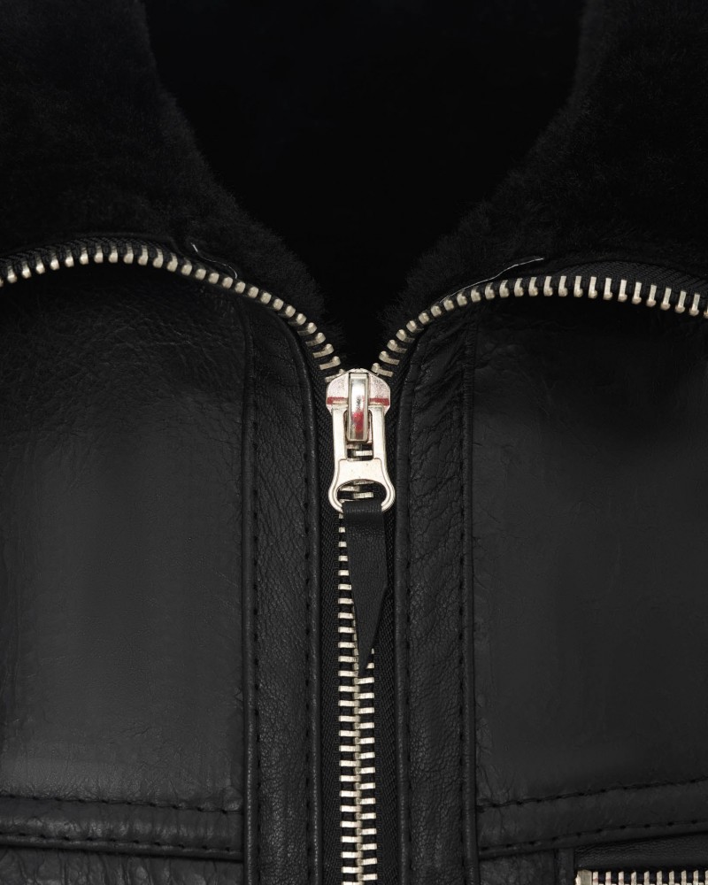 Kamizelka skórzana męska w kolorze czarnym z metalowym zamkiem i miękkim kołnierzem z futra