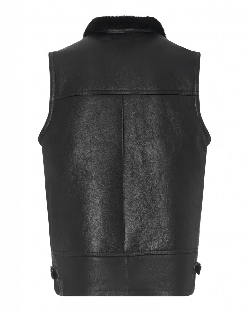 Kamizelka skórzana czarna z kołnierzem, bez rękawów, z regulowanym zapięciem na dole
