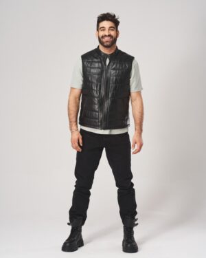 Kamizelka skórzana męska w kolorze czarnym, z zamkiem, prostym krojem i bez rękawów