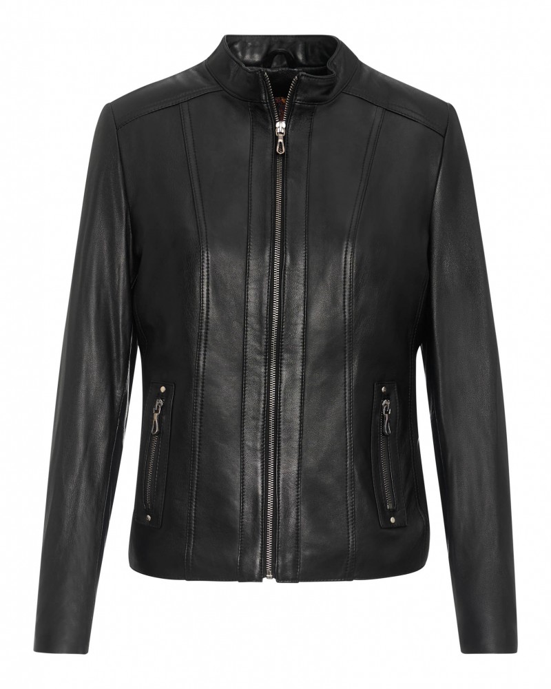 Kurtka skórzana damska w kolorze czarnym z zamkiem, długimi rękawami i kieszeniami na zamek