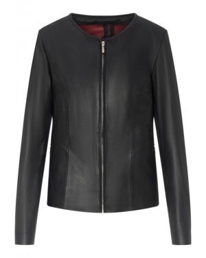 Kurtka skórzana damska w kolorze czarnym, z klasycznym okrągłym dekoltem i dyskretnymi zapięciami po bokach