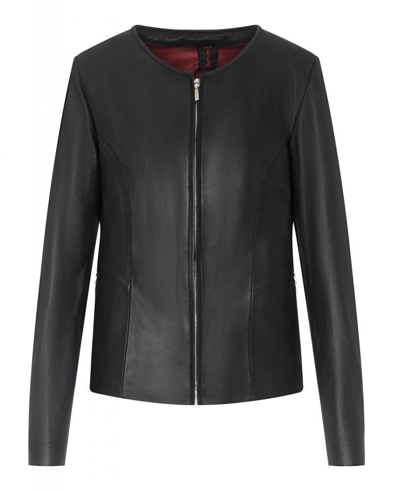 Kurtka skórzana damska w kolorze czarnym, z klasycznym okrągłym dekoltem i dyskretnymi zapięciami po bokach