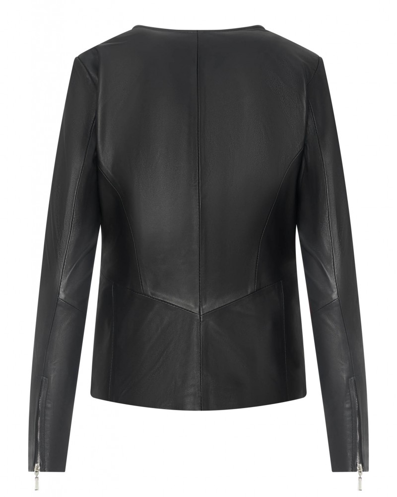 Kurtka skórzana damska w kolorze czarnym, z dopasowanym krojem i długimi rękawami z zamkami