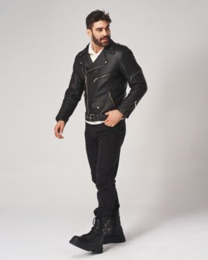 Ramoneska męska w kolorze czarnym z asymetrycznym zapięciem i kieszeniami na suwak