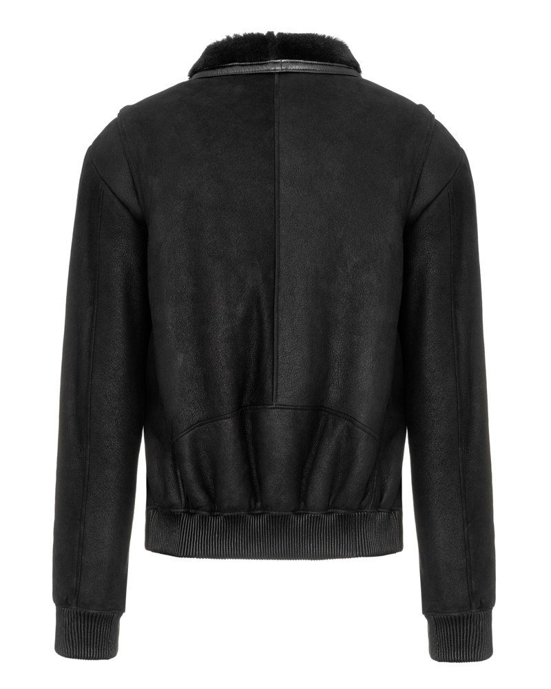 Kożuch męski w kolorze czarnym z miękkim kołnierzem i elastycznym dołem oraz mankietami