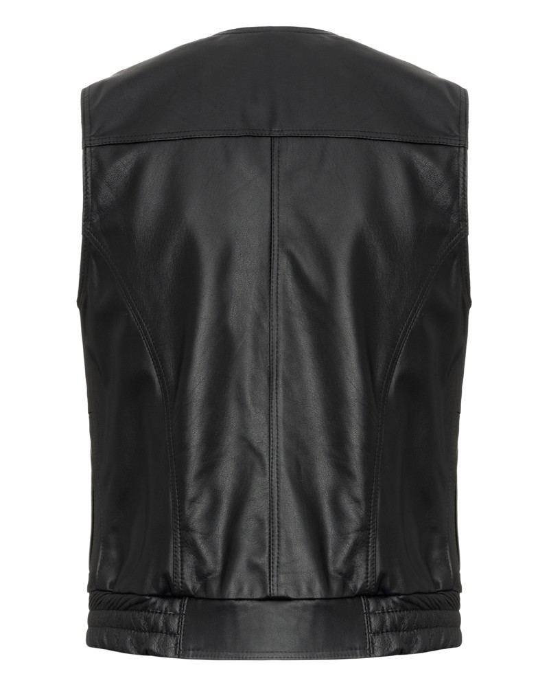 Kamizelka skórzana w kolorze czarnym, bez rękawów, z elastycznym dołem i dopasowanym krojem