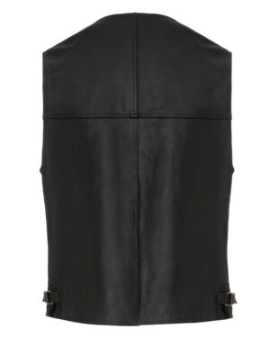 Kamizelka skórzana w kolorze czarnym, bez rękawów, z regulowanym paskiem i prostym krojem