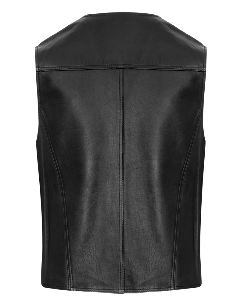 Kamizelka skórzana męska w kolorze czarnym, bez rękawów, z eleganckim krojem i wyraźnymi szwami